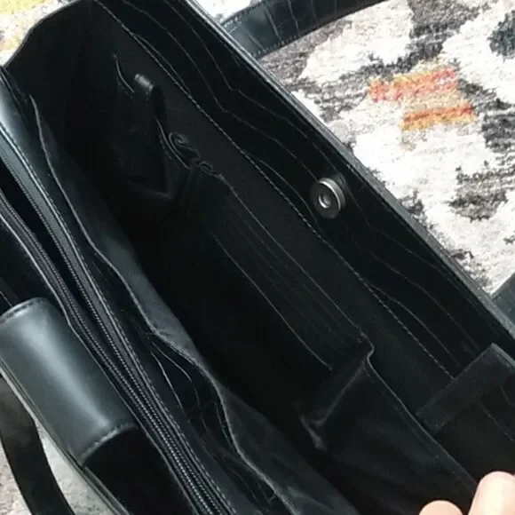 EUC BUXTON Black Leather Briefcase/Computer Bag w/Silver Hardware 13x16 in. - Picture 7 of 11